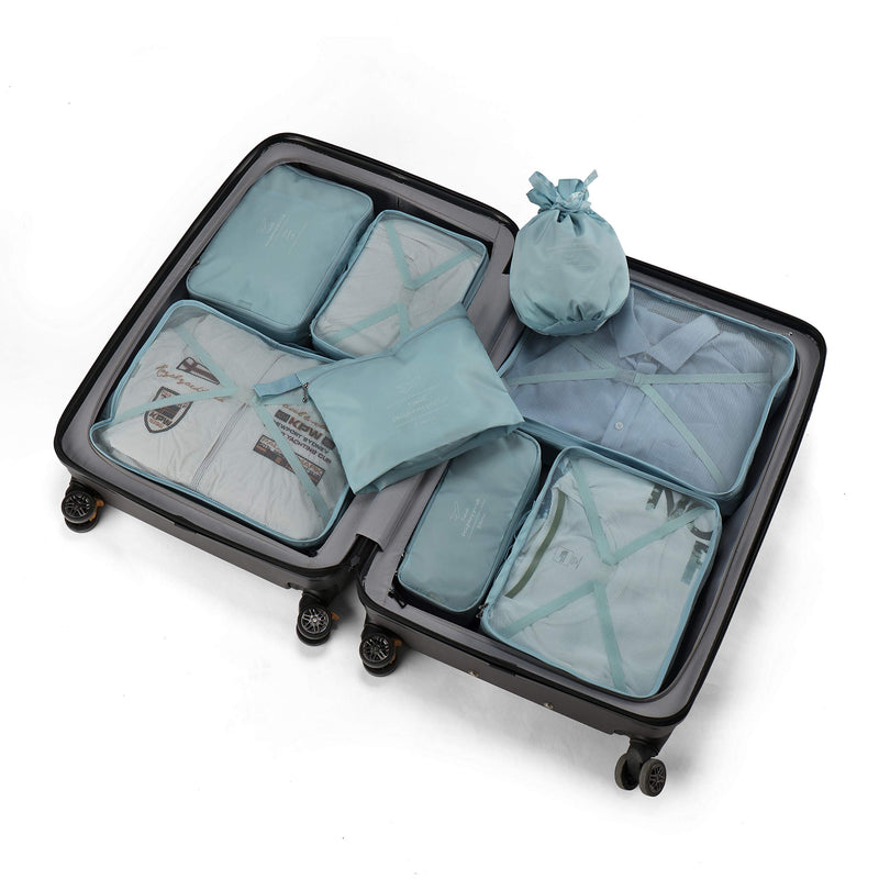 [Australia] - BETLLEMORY Packing Cubes 8 Sets Travel Luggage Organizers with Waterproof Shoe Storage Bag Compression Pouches(Blue Grey) Blue Grey 