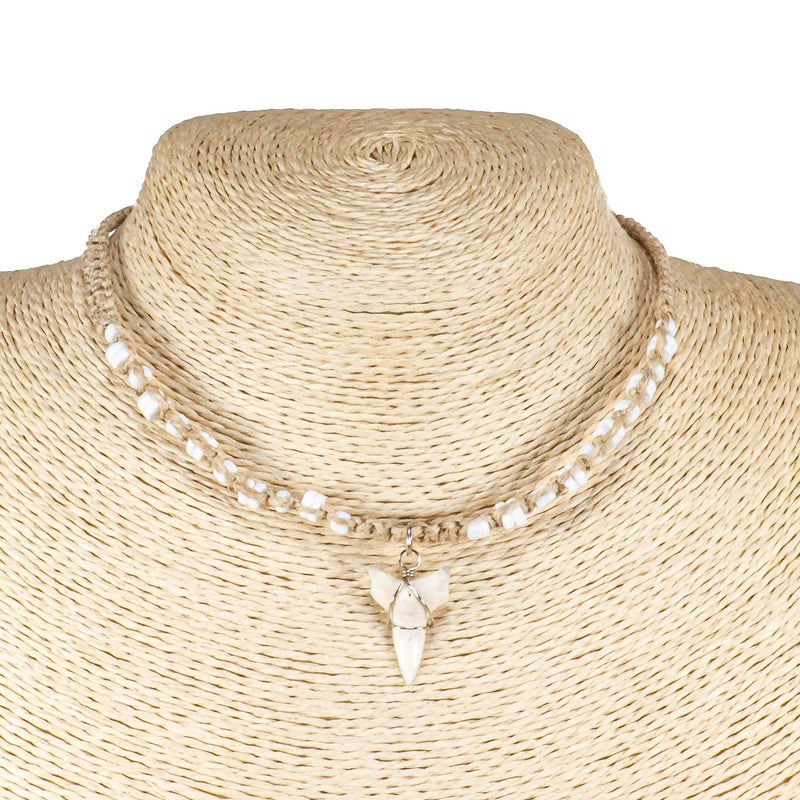 [Australia] - BlueRica Mako Shark Tooth Pendant on Braided Hemp Necklace with Puka Shell Beads 