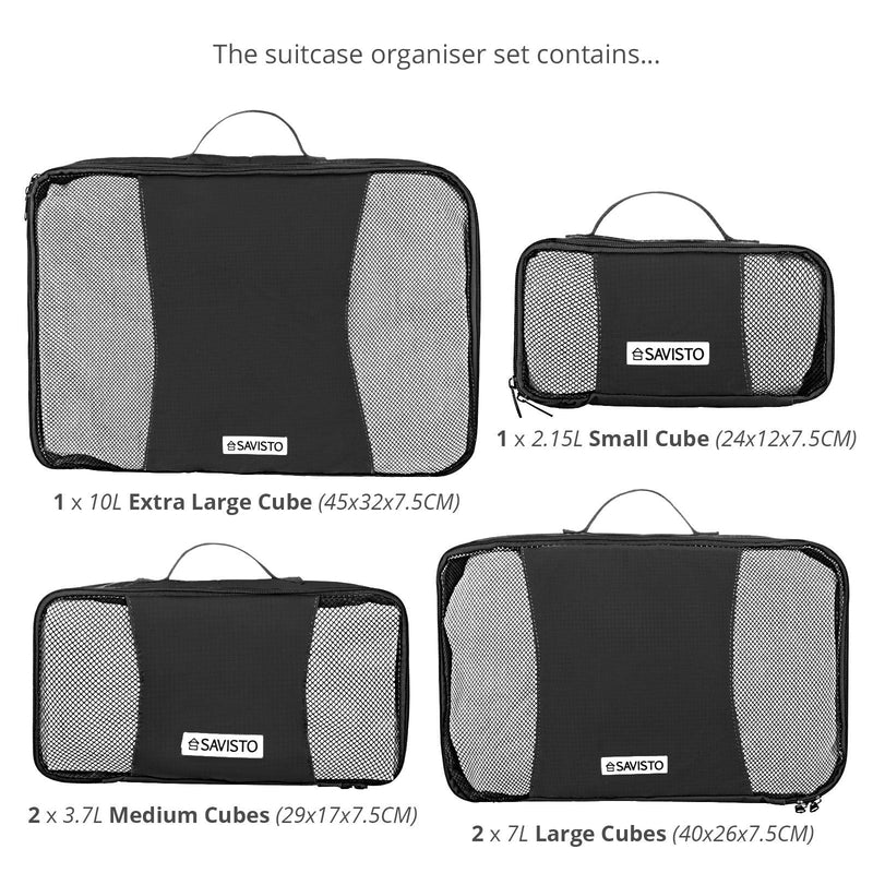 [Australia] - Savisto Packing Cubes - Small, Medium, Large, XL (6-Piece Set) - 7 Colours (1x XL / 2x L / 2x M / 1x S, Black) 1x XL / 2x L / 2x M / 1x S 