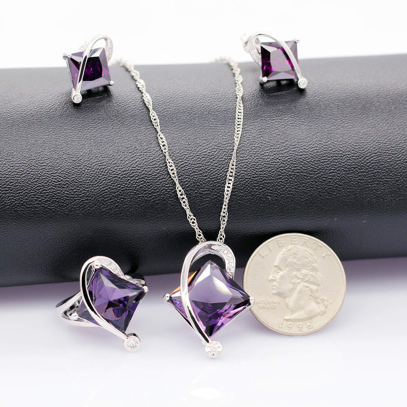 [Australia] - Uloveido Charm Created Topaz Big Square Crystal Necklace Matching Stud Earrings Rings Jewelry Set T295 Purple 8 