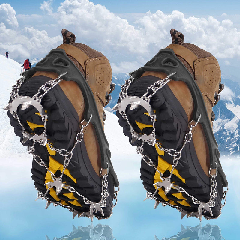 [Australia] - NewDoar Ice Cleats Crampons Traction,19 Spikes Stainless Steel Anti Slip Ice Snow Grips for Women, Kids, Men Shoes Boots, Safe Protect for Mountaineering, Climbing, Hiking, Walking, Fishing,M, L, XL Black Medium 