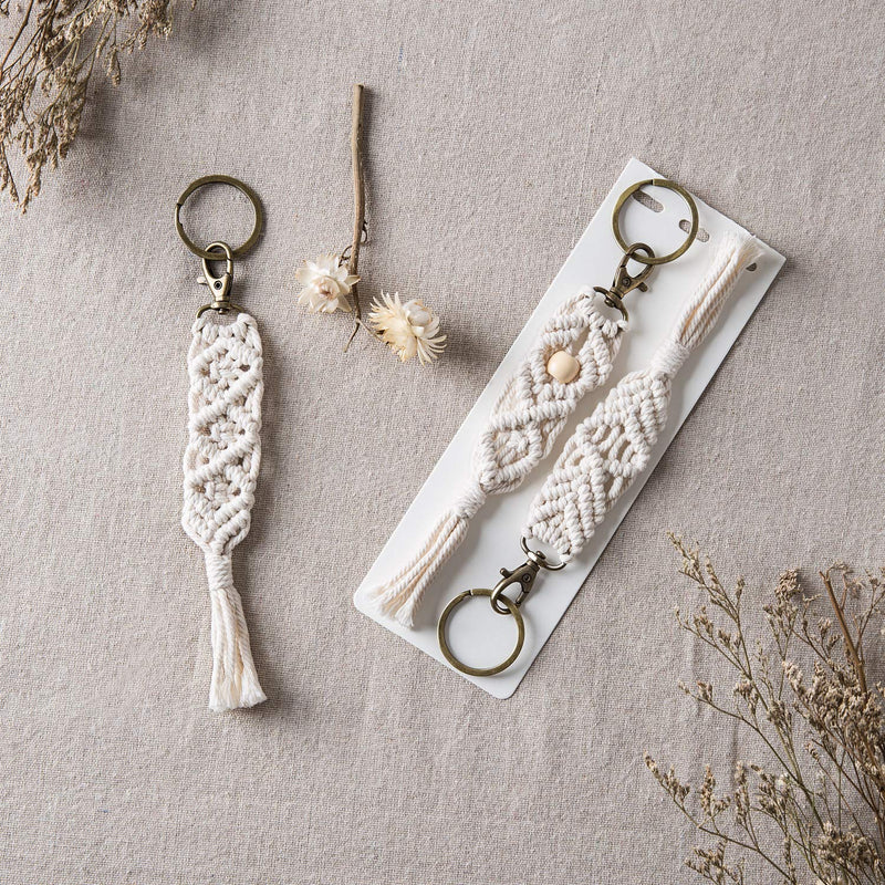 [Australia] - Mkono Mini Macrame Keychains Boho Macrame Bag Charms with Tassels Cute Handcrafted Accessories for Car Key Purse Phone Wallet Unique Gift Party Supplies, Natural White, 3 Pack 