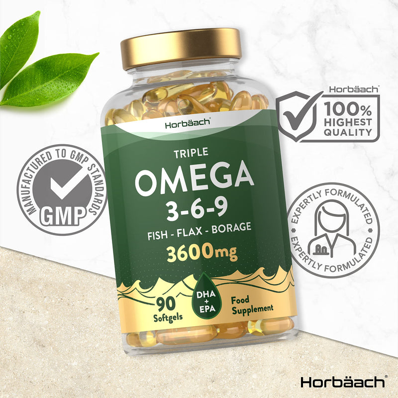 [Australia] - Triple Omega 3 6 9 | 3600mg | 90 Softgel Capsules | High Strength Supplement with EPA, DHA & ALA Essential Fatty Acids | Fish Oil, Flaxseed & Starflower Oil | by Horbaach 