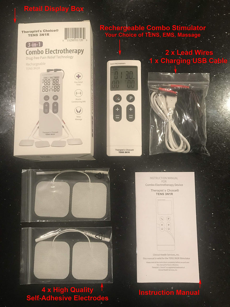 [Australia] - Therapist’s Choice® Rechargeable TENS3N1R Dual Channel, Digital Combo with TENS, EMS and Massage with Accessories 