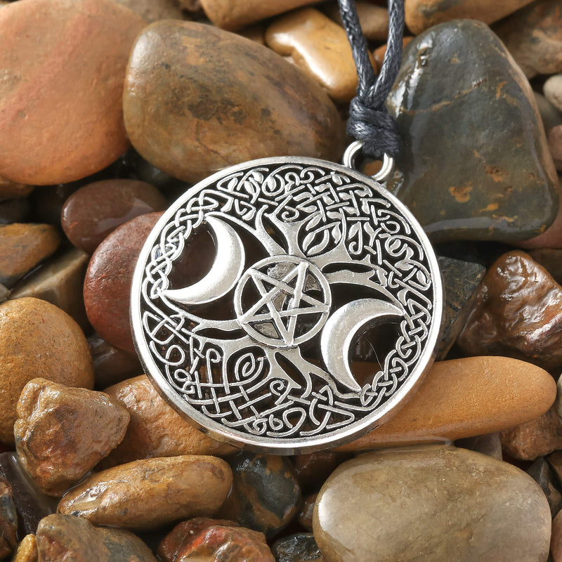 [Australia] - HAQUIL Wiccan Necklace - Metal Alloy, Tree of Life Triple Moon Goddess Pentagram Pendant - Waxed Cotton Cord, Adjustable Length 35.4" 