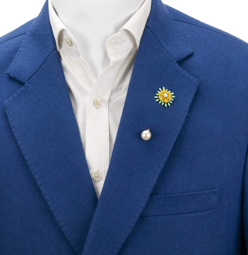 [Australia] - Knighthood Flower with Pearl and Swarovski Detailing Lapel Pin Badge Coat Suit Wedding Gift Party Shirt Collar Accessories Brooch for Men 