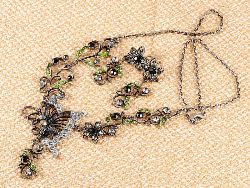 [Australia] - Alilang Gunmetal Tone Clear Balck Crystal Rhinestones Green Enamel Butterfly Flower Necklace Earrings Set 