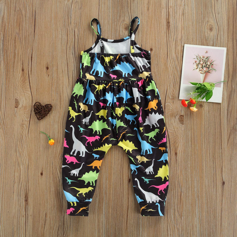 [Australia] - Toddler Girls One Piece Jumpsuit Floral Dinosaur Printed Playsuit Sleeveless Romper Summer Outfits Clothes Black Dinosaur 1-2T 