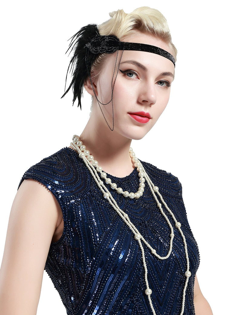 [Australia] - BABEYOND 1920s Flapper Headband Roaring 20s Great Gatsby Headpiece Beaded Black Feather Headband 1920s Flapper Gatsby Hair Accessories 