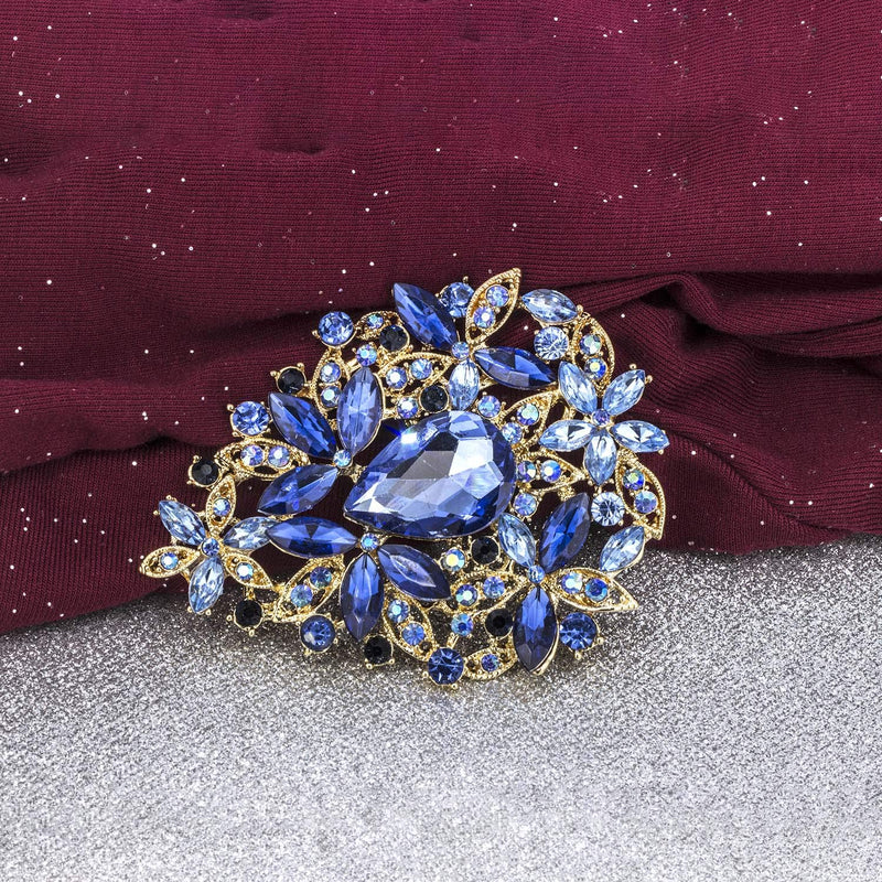 [Australia] - YOQUCOL Vintage Blue Austrian Crystal Rhinestone Leaf Shape Big Large Brooch Pin for Women Gold Tone 