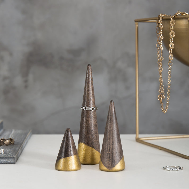[Australia] - MyGift Wooden Cone Ring Holders with Gold-Tone Accents, Set of 3 