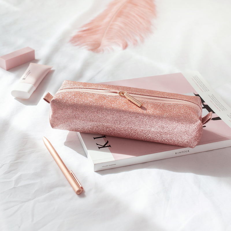 [Australia] - Comfyable Small Cosmetic Bag for Purse Pencil Case Rectangular Makeup Bag Waterproof Glitter Cute Toiletry Pouch Rose Gold Sparkly Pink 