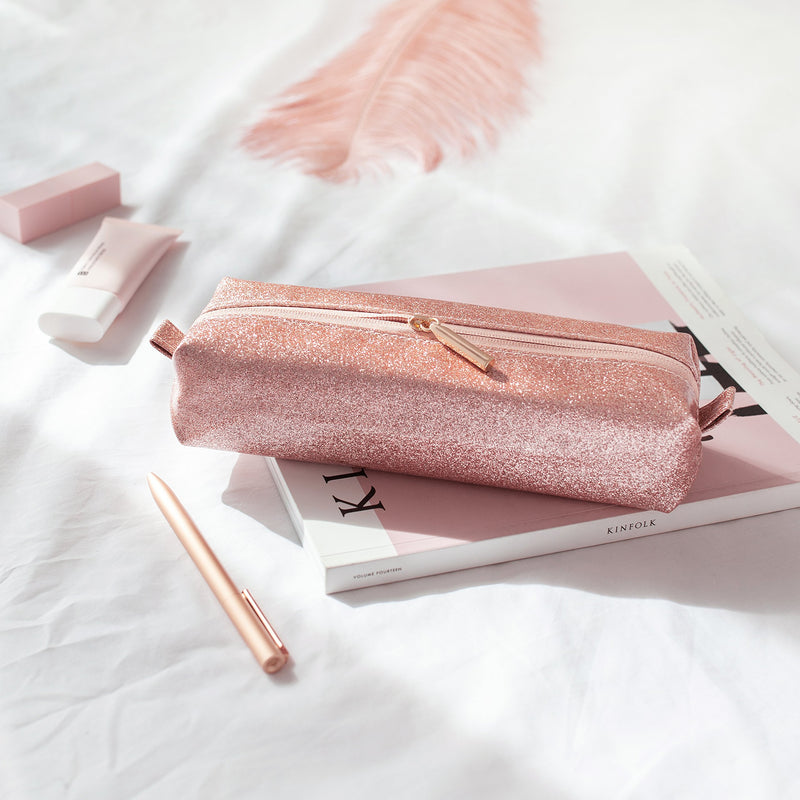 [Australia] - Comfyable Small Cosmetic Bag for Purse Pencil Case Rectangular Makeup Bag Waterproof Glitter Cute Toiletry Pouch Rose Gold Sparkly Shiny Pink 