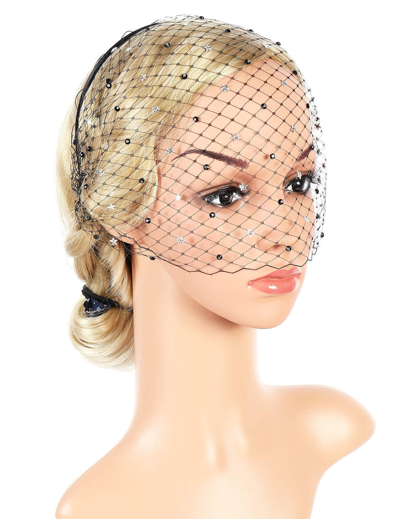 [Australia] - Coucoland Black Fascinator Mesh Veil Headband Bridal Wedding Tea Party Fascinator Veil for Women 1920s Flapper Veil Headpiece (Style-3-Black(Star Sequins)) 