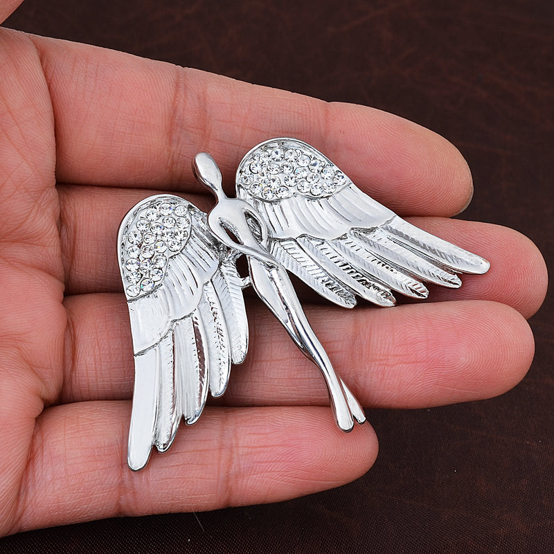 [Australia] - OBONNIE Guardian Angel Jewelry Women's Crystal Flying Angel Wings Brooch Pin Wedding Bouquet Lapel Pin Silver 