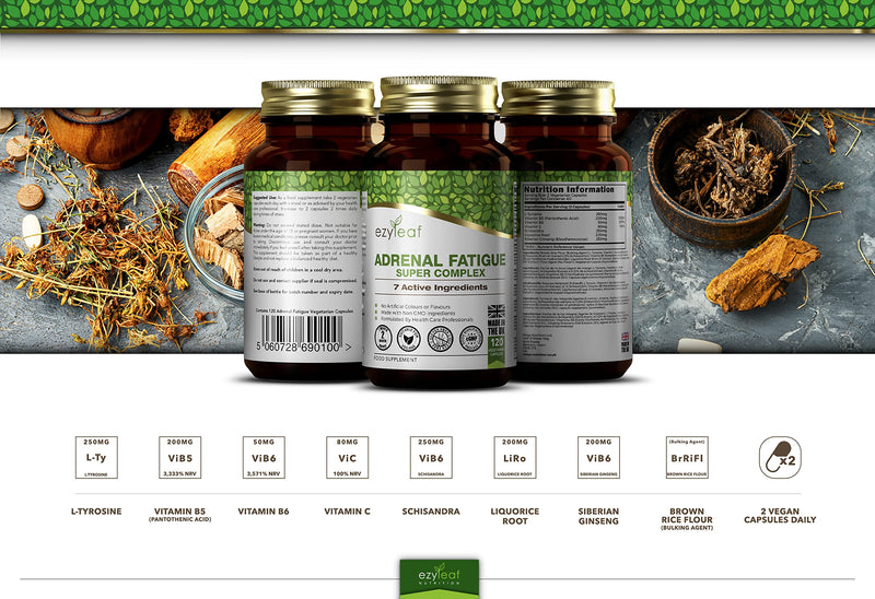 [Australia] - Ezyleaf Adrenal Supplement | Schisandra Ginseng Tyrosine | Pantothenic Acid Liquorice Root Vitamin C B6 | 120 Capsules | Fatigue Cortisol Support Health | Allergen Free, Non-GMO & ISO Certified 