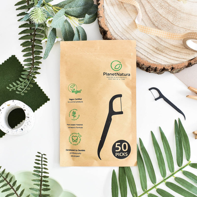 [Australia] - PlanetNatura Bamboo Charcoal Dental Floss Picks, 50 Pack, Eco-Friendly Plant-Based Handle, Deep Tooth and Gum Cleaning, Soft and Gentle Thread, Vegan Friendly 