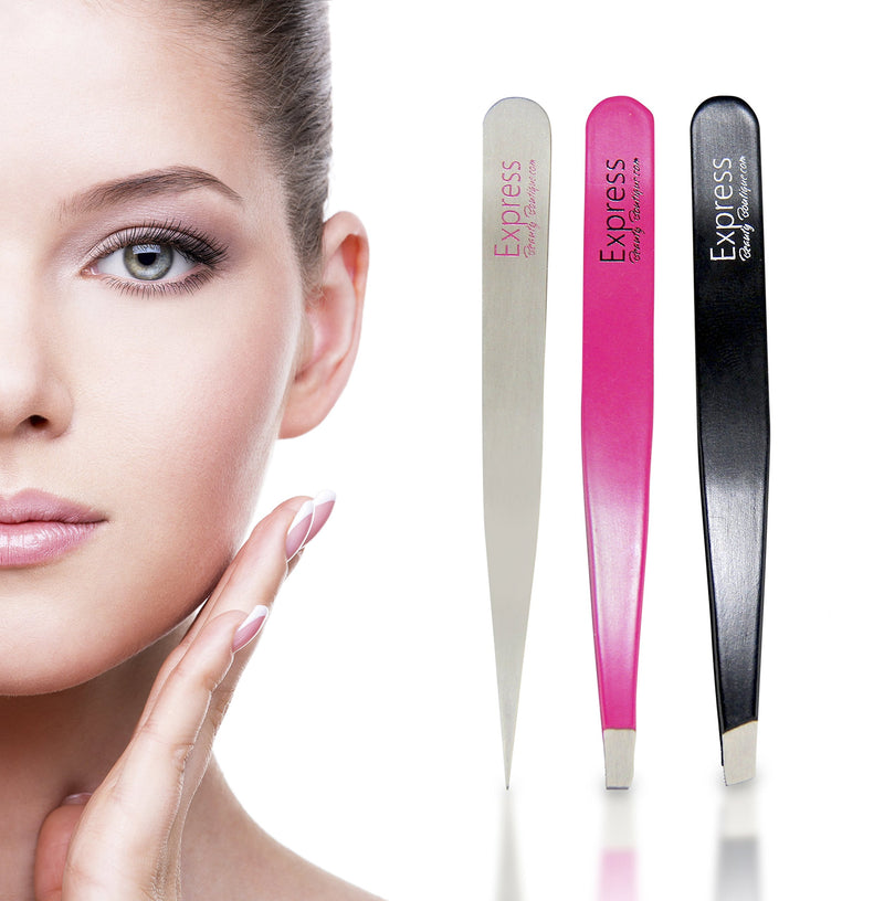 [Australia] - Express Beauty Boutique Tweezers 3pcs Set Pink Case Professional Quality Stainless Steel Precision Eyebrow Tweezer for Ingrown Hair Shaping Eyebrows. 