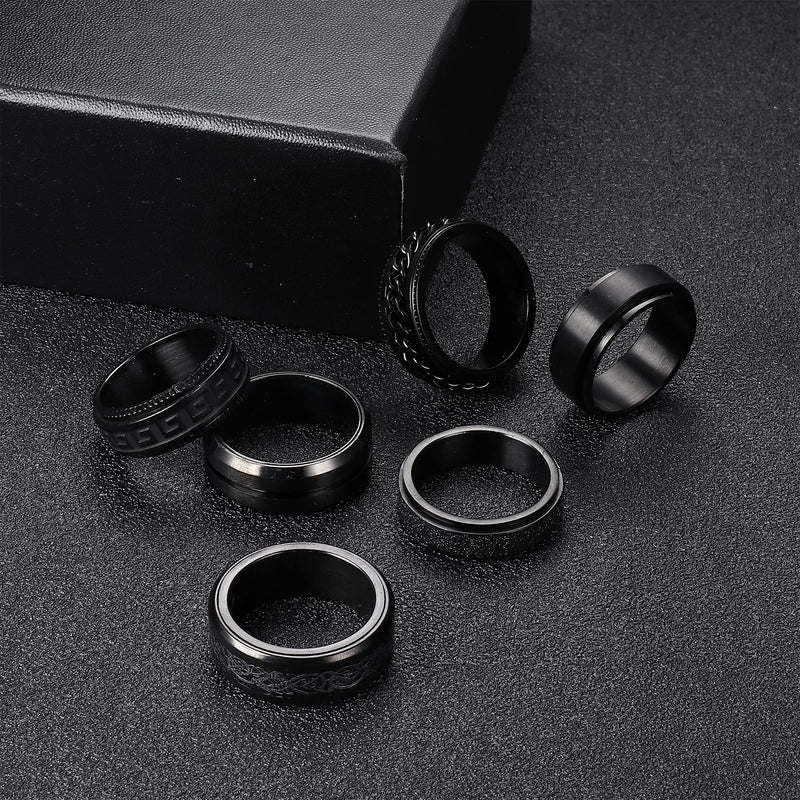 [Australia] - FIBO STEEL 6Pcs Black Spinner Rings for Men Women Fidget Rings Cool Chain Inlaid Greek Key Rings Stainless Steel Stress Relieving 8mm Wide Wedding Promise Band Rings Set Size 6-13 