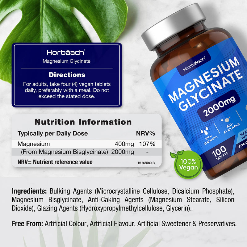 [Australia] - Magnesium Glycinate Supplement | 2000mg | 100 Vegan Tablets | High Strength Providing 400mg of Elemental Magnesium | Nervous System Support | by Horbaach 