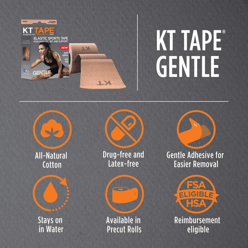 [Australia] - KT Tape Kinesiology Therapeutic Sports Tape, Gentle Adhesive for Sensitive Skin, 20 Precut 10 inch Strips, Beige 