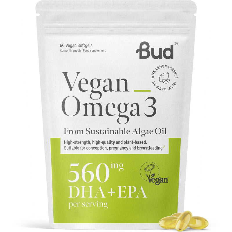 [Australia] - Bud Vegan Omega 3 Supplement | High-Strength DHA + EPA | Premium Sustainable Plant-Based Algae Oil | Supports Heart, Brain & Eye Health | 60 Omega 3 Vegan Softgels (1 Month Supply) 