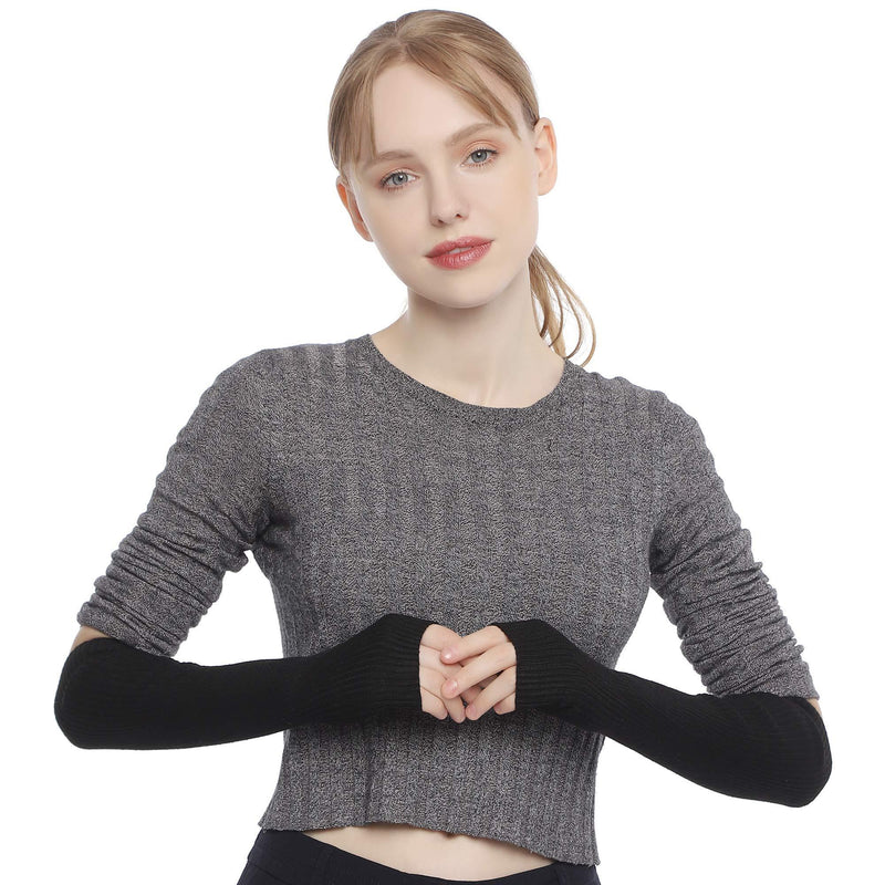 [Australia] - Zeltauto Women’s CASHMERE Knit Arm Warmer Elbow Length Thumb Hole Fingerless Gloves Black 