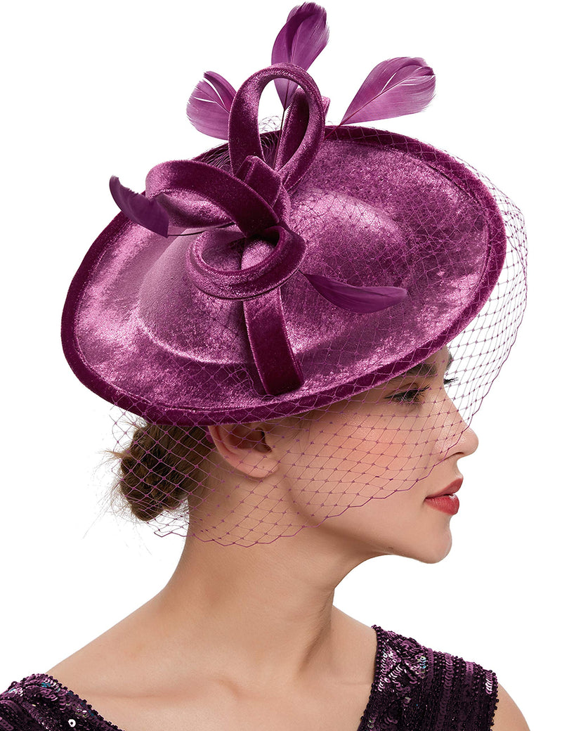 [Australia] - BABEYOND Tea Party Fascinator Kentucky Derby Hat Fascinator Cocktail Pillbox Hat Veil Headband Purple 