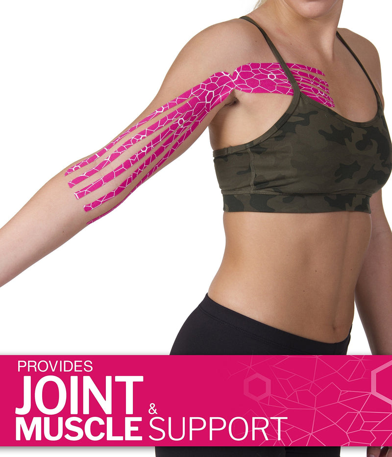 [Australia] - THERABAND Kinesiology Tape, Waterproof Physio Tape for Pain Relief, Muscle & Joint Support, Standard Roll with XactStretch Application Indicators, 2" X 10" Strips, 20 Precut Strips, Pink/White 