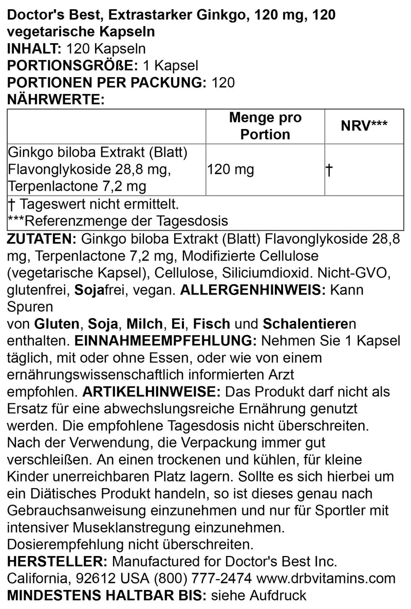 [Australia] - Doctor's Best Extra Strength Ginkgo, Non-GMO, Gluten Free, Vegan, Soy Free, Promotes Mental Function and Memory, 120 mg, 120 Count (Pack of 1) 
