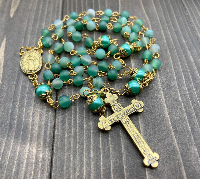 [Australia] - Nazareth Store Catholic Gold Rosary Necklace Matte Stone Beads Green 10mm Pearl Round Beads Miraculous Medal & Cross - Velvet Bag 