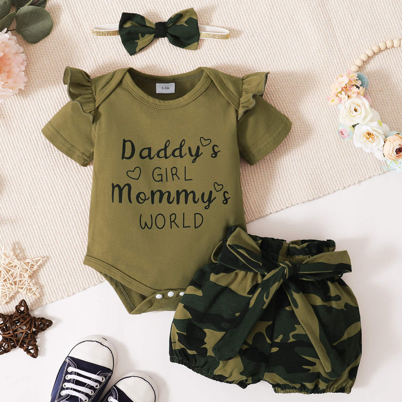 [Australia] - Newborn Girl Clothes Romper Infant Girl Clothes Letter Printed Baby Girls' Clothing Floral Summer Shorts Set Camo 0-3 Months 