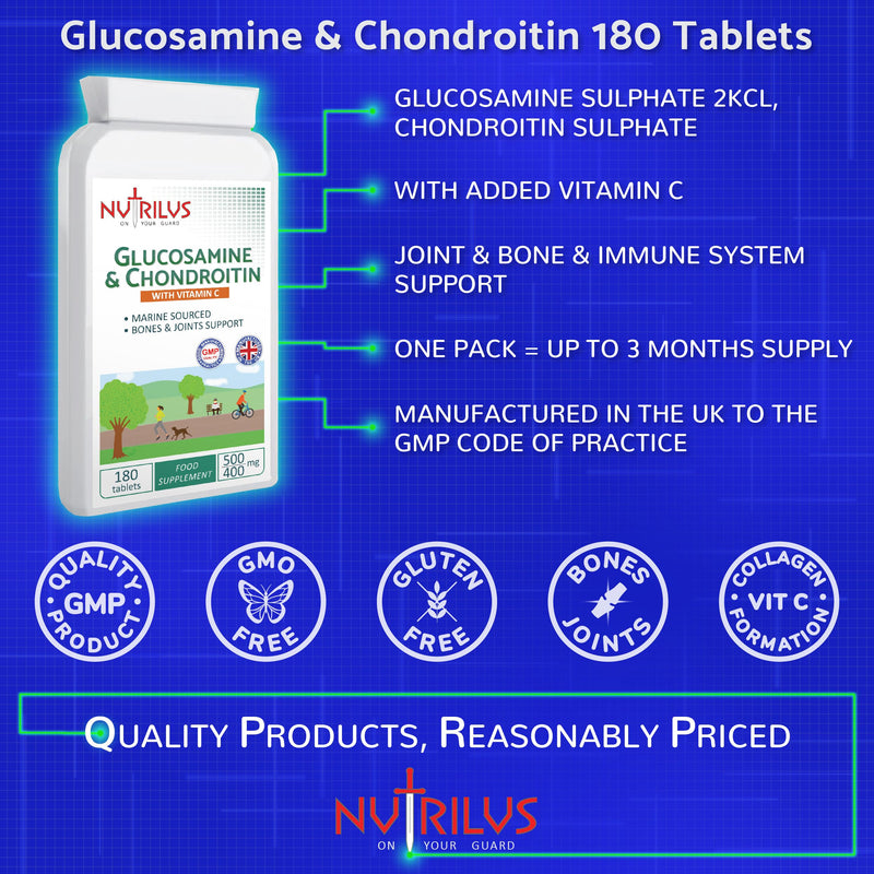 [Australia] - Glucosamine and Chondroitin 180 Tablets with Vitamin C - High Strength Supplement - UK Made - Up to 3 Months Supply - 1000mg Per Serving - Joint Support 