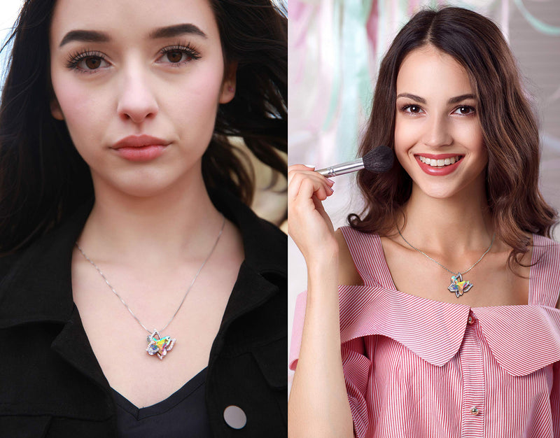 [Australia] - GEMMANCE Butterfly Crystal Necklace with Premium Birthstone, Silver-Tone, 18”+2” Chain April Birthstone - Rainbow Opal White Crystal 