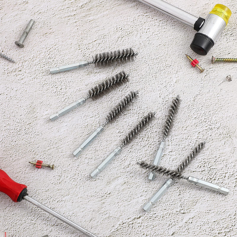 [Australia] - 8 Pieces Wire Brush Drill Bore Cleaning Brush Set with 1/4 Inch Hex Shank Stainless Steel Wire Twisted Brush for Drill Impact Driver, 8 Sizes Silver 