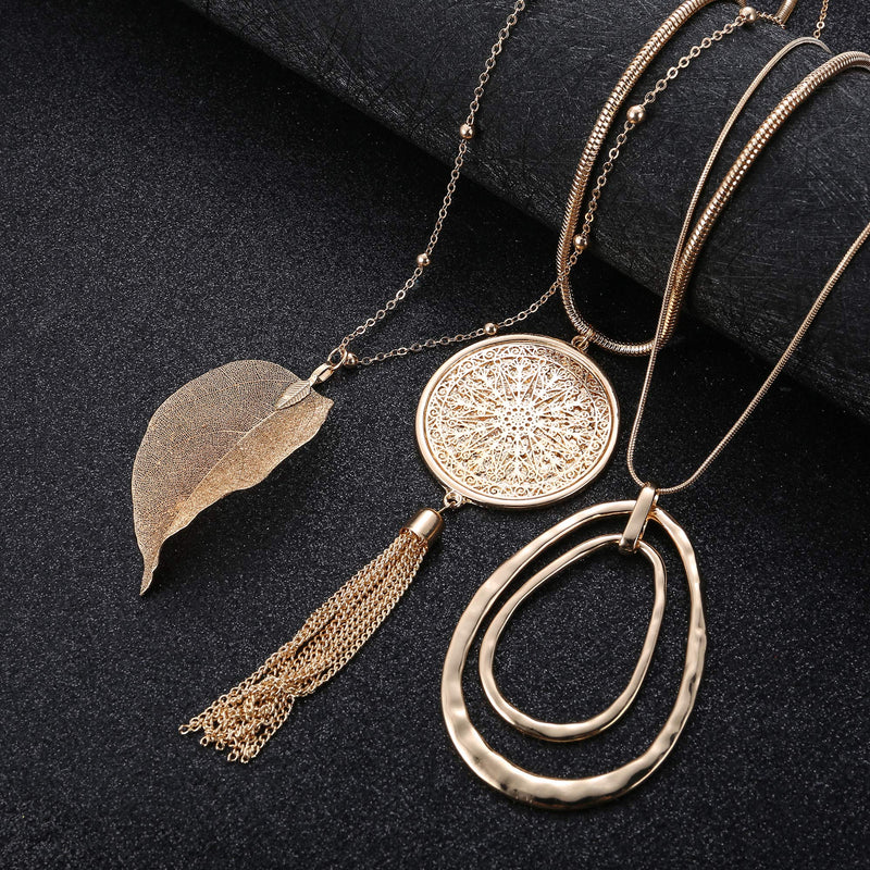 [Australia] - Finrezio 12PCS Long Pendant Necklace Set Tassel Pendant Bar Circle Leaf Y Necklace Arrow Statement Necklace for Women Gold Tone+Silver Tone 