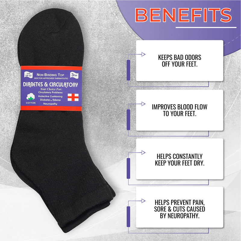 [Australia] - Special Essentials 12 Pairs Men's Cotton Diabetic Ankle Socks Black Grey White (10-13, Black) Large 