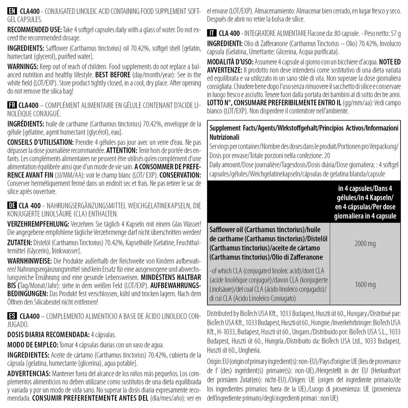 [Australia] - BioTechUSA CLA 400, Conjugated linoleic Acid containing Food Supplement softgel Capsules, 80 softgel Capsules 