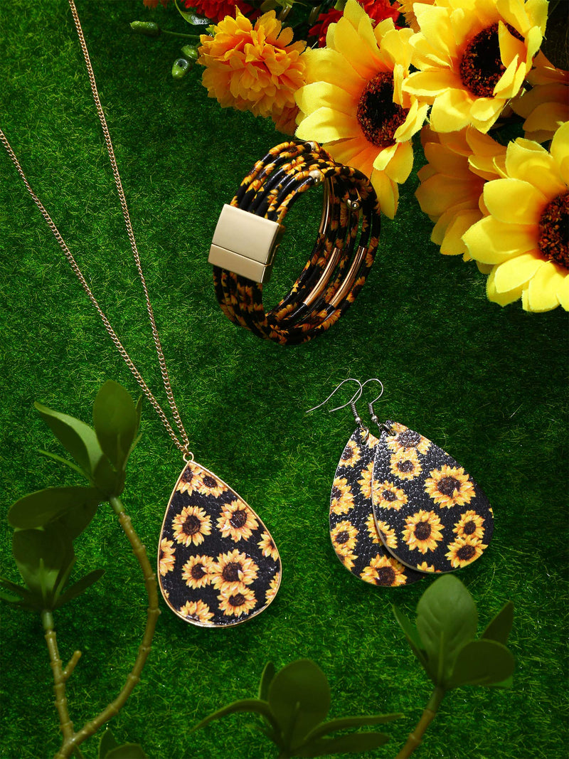 [Australia] - Hicarer 3 Pieces Sunflower Print Jewelry Set Sunflower Multi-Layer Bracelets Faux Leather Dangle Earrings Necklace for Women Black Background 