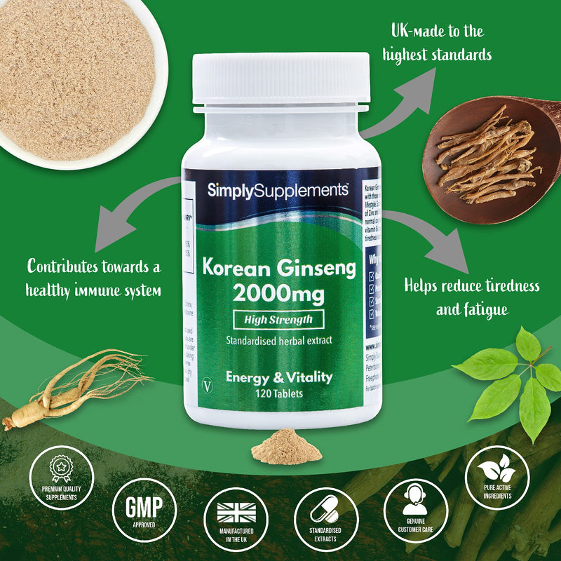 [Australia] - Korean/Panax Ginseng 2000mg | 120 High Strength Ginseng Tablets | Vegan & Vegetarian Friendly | Supplement Supports Cognitive Function While Reducing Tiredness and Fatigue | Manufactured in The UK 120 Count (Pack of 1) 