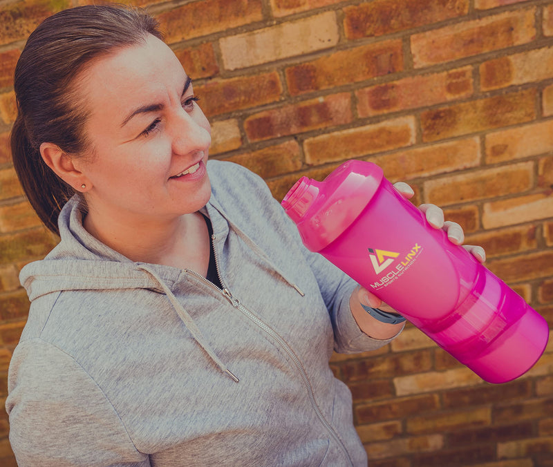 [Australia] - Pink Protein Shaker Plus Storage Screw top 100% Leak Proof Drinks Bottle 500ml to 700ml by Musclelinx Pink Transparent Plus Storage 