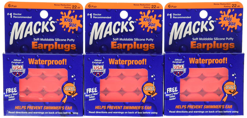 [Australia] - Mack's Pillow Soft Earplugs, Hot Orange, Kid Size (Pack of 3) 6 Pair (Pack of 3) 