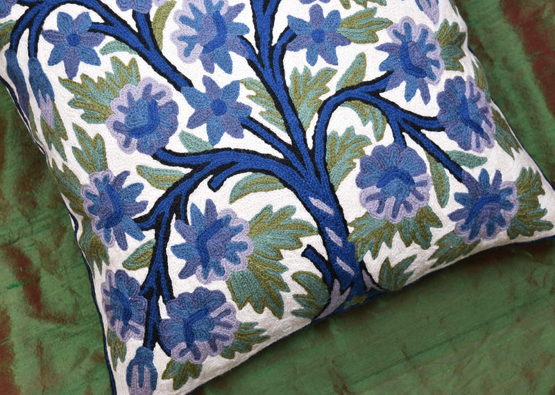 [Australia] - Kashmir Designs Tree of Life Pillow Cover | Blue Floral Pillowcase | Designer Flower Pillow |Suzani Cushions | Flower Pillows | Modern Floral Cushion Cover | Hand embroidered Cushion Wool Size - 18x18 Blue Indigo 