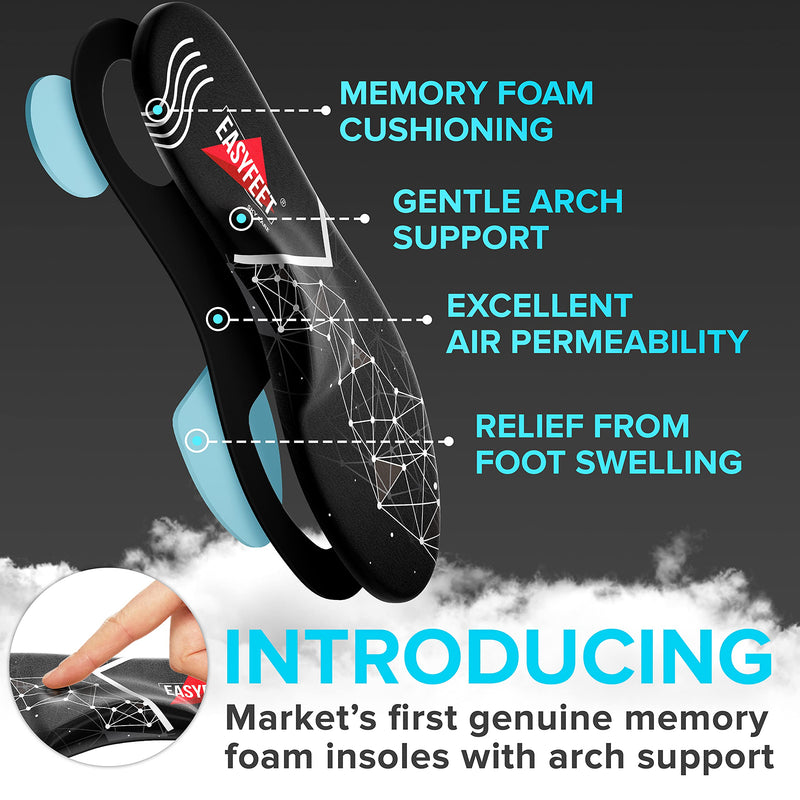 [Australia] - {First} Real Memory Foam Insole with Arch Support Men Women - Excellent Shock Absorption Pain Relief Plantar Fasciitis - Premium Shoe Inserts Work Boot Running Shoes Hiking Shoes Sneaker Black Men 9-10.5/Women 10-11.5 