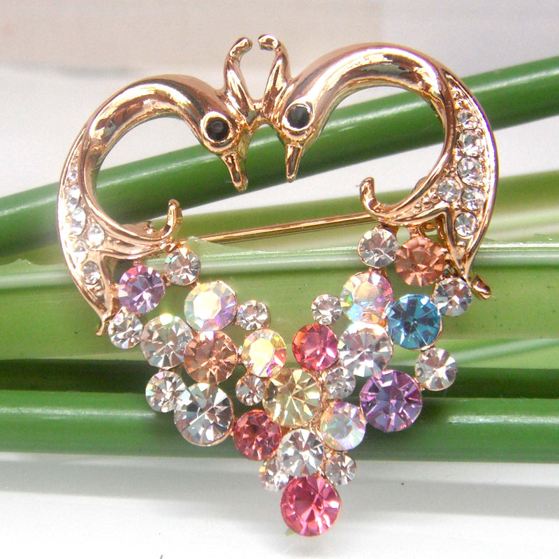 [Australia] - Navachi 18k Gold Plated Colorful Crystal Double Peacock Peahen Az7493b Brooch pin 