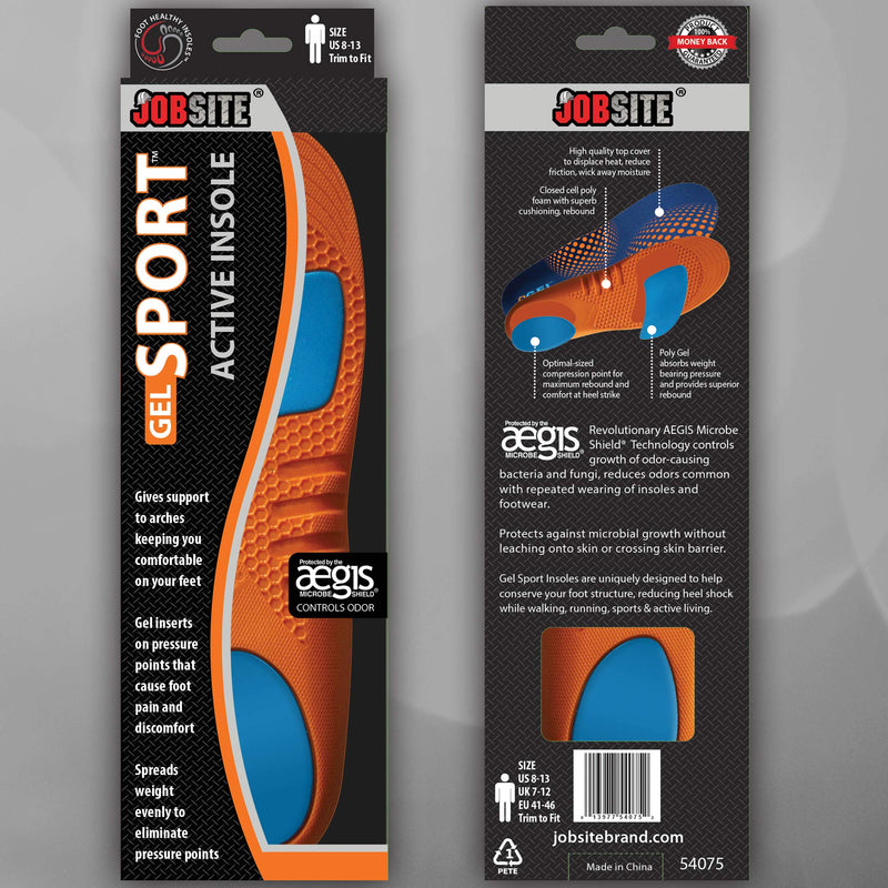 [Australia] - JobSite Gel Sport Insoles - Gel Heel & Metatarsal Shock Pad - US Men 8-13 (Trim to Fit) Mens 8-13 