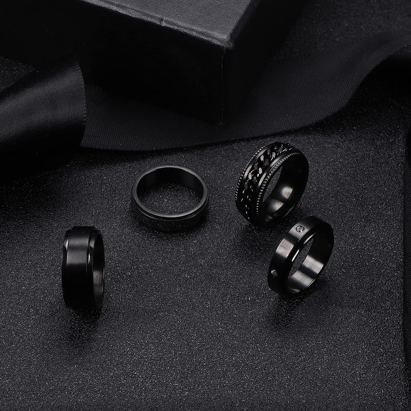 [Australia] - CASSIECA 4 Pcs Black Spinner Rings for Men Women Stainless Steel Fidget Rings Cool Chain Inlaid Anxiety Rings 6-8mm Wide Stress Relieving Wedding Promise Rings Set(Size 7-13) 