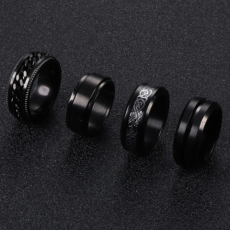 [Australia] - Subiceto 4Pcs Black Spinner Fidget Rings for Men Women Stainless Steel 8MM Wide Cool Ring with Chain Inlaid Band Ring Set for Anxiety Stress Relieving Wedding Promise Size 7-13 