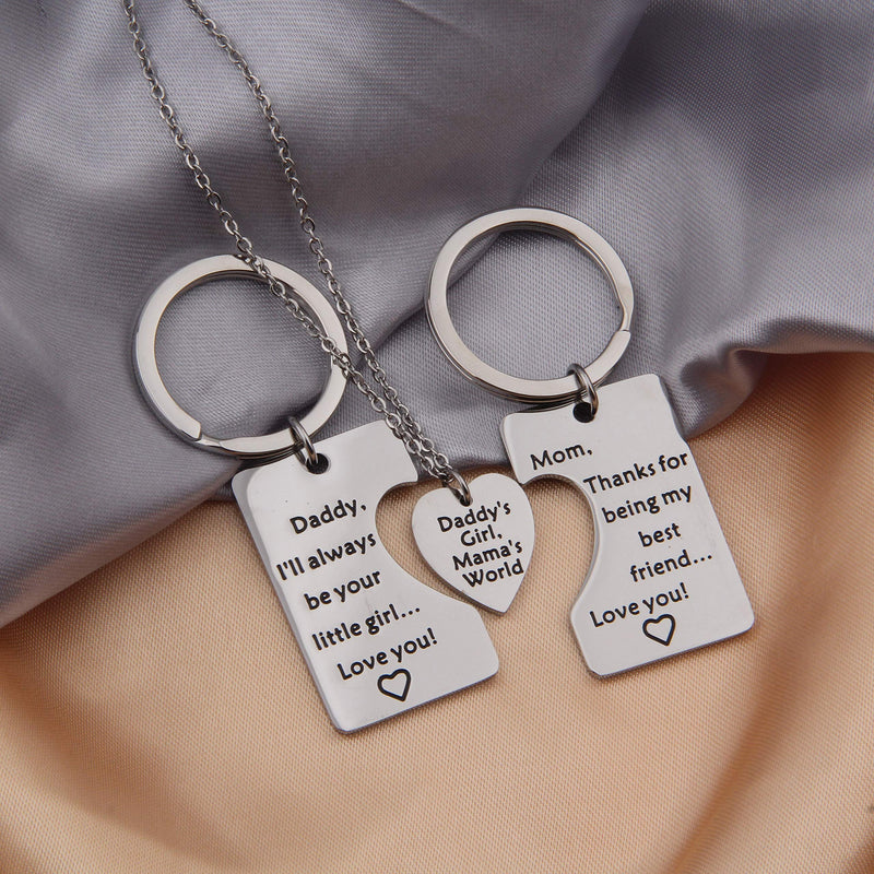 [Australia] - QIIER 3pcs Sweet Family Puzzle Pendant Set, Father Mother Keychain Jewelry,Daddy's Girl Mommy's World Necklace, Gift for Daughter Silver 