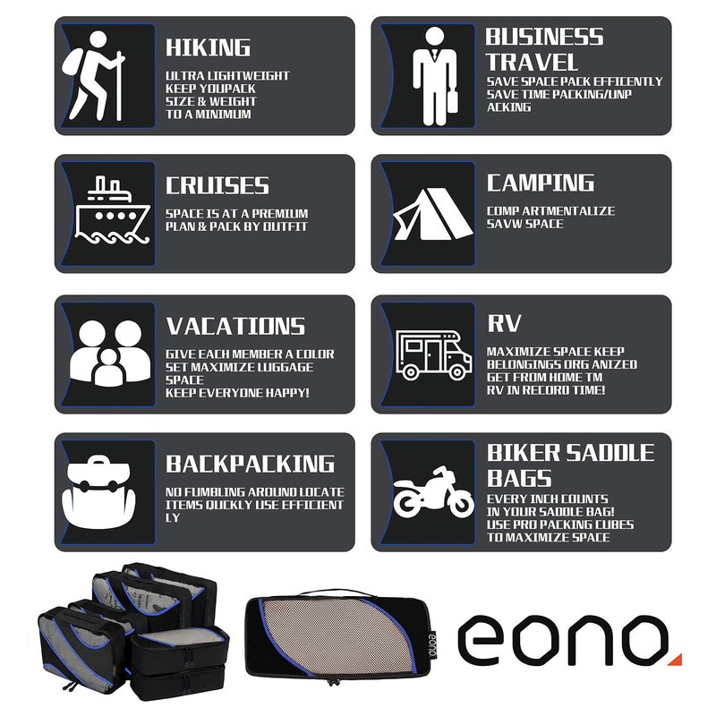 [Australia] - Amazon Brand - Eono Packing Cubes Travel Luggage Organizers Suitcase Organizer Packing Organizers - 6-Set (2L+2M+2Slim), Black Set of 6, Black 